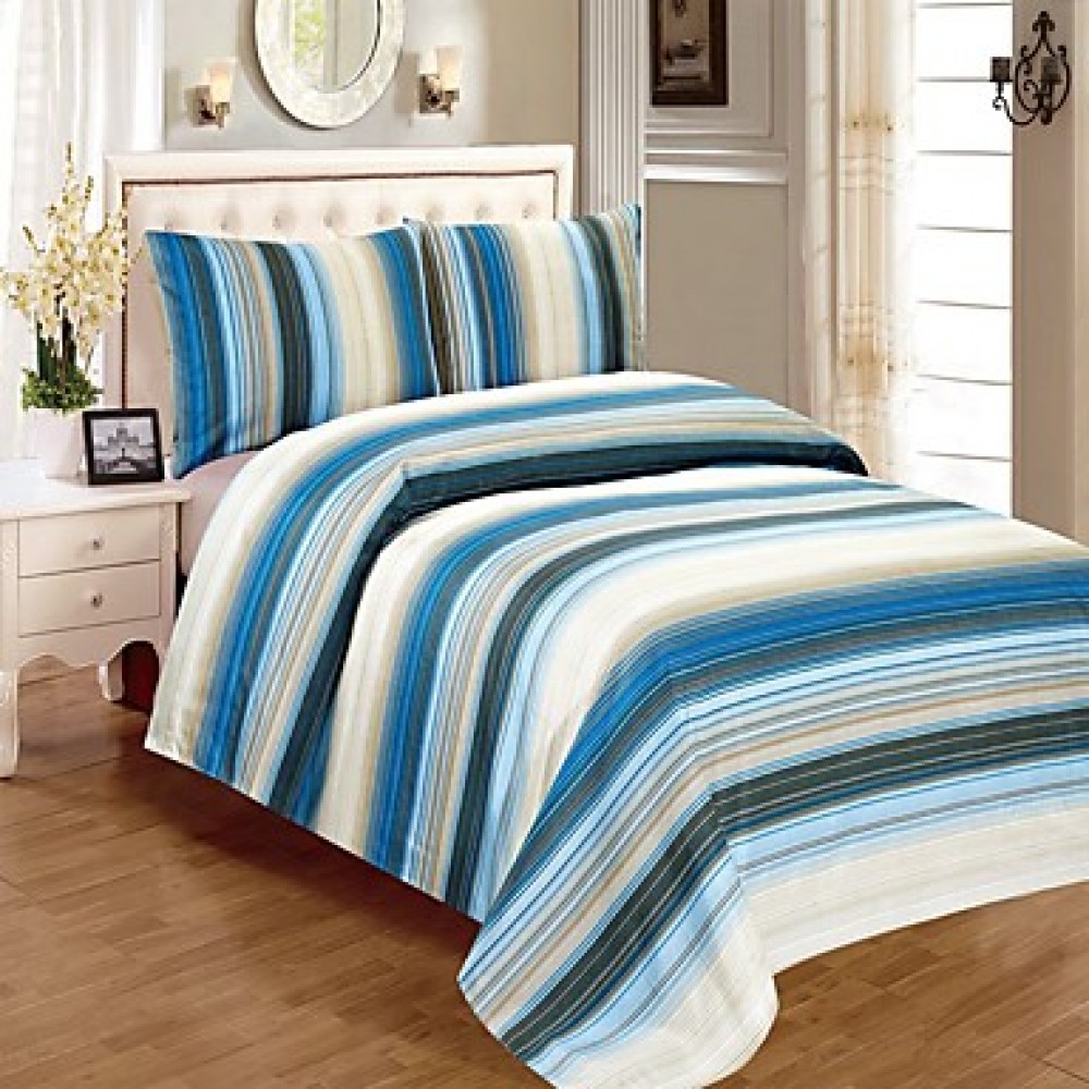 Blue and white stripes 100% Microfiber Printed Sheet Sets Queen