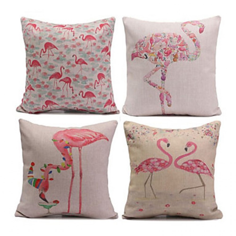 Set of 4 Flamingos &Cranes Pillowcase Sofa Home Decor Cushion Cover (17*17 inch)