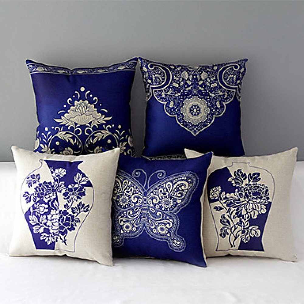 Set of 5 Country Style Porcelain Patterned Cotton/Linen Decorative Pillow Covers